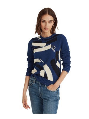 

RALPH LAUREN Женский синий ребристый геометрический свитер с круглым вырезом и длинными рукавами
