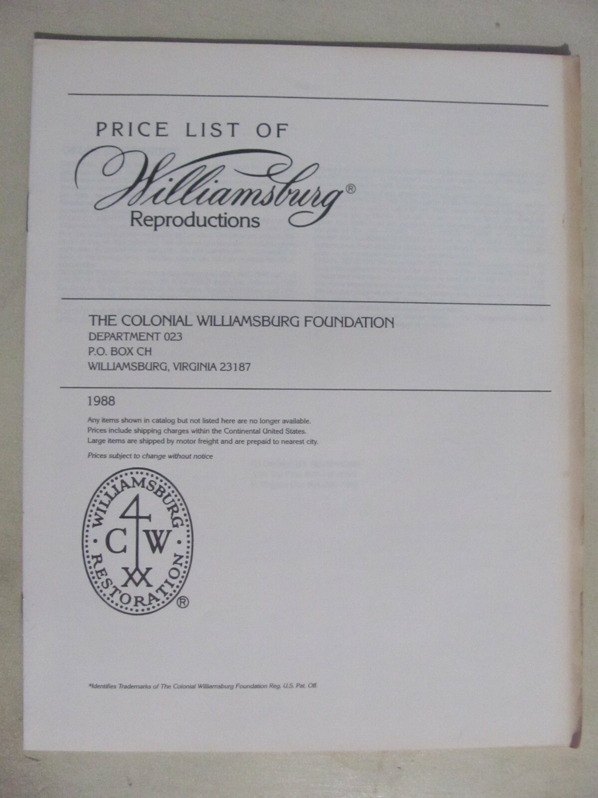 Williamsburg Reproductions Furniture 1982 Catalog CRAFT HOUSE & PRICE LIST
