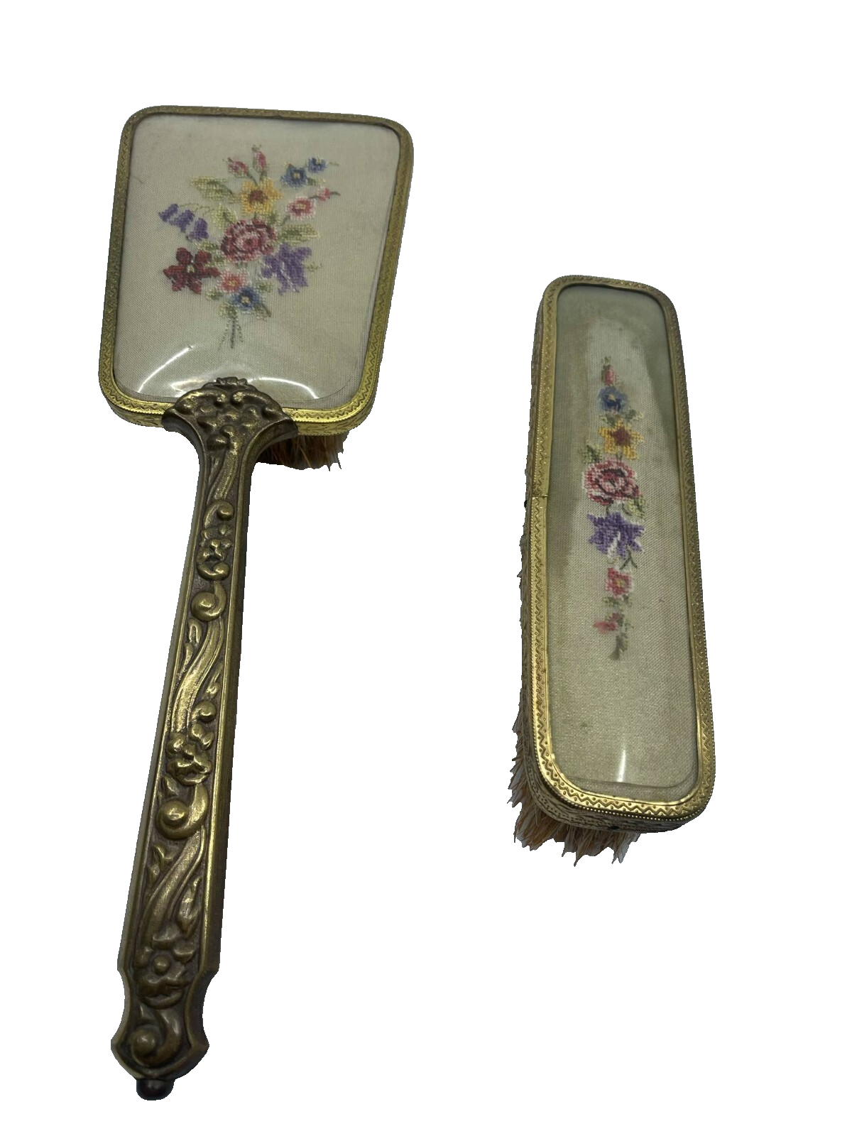 Vintage 2 Piece Brush Set Vanity Set Dressing Table Set Floral & Gold Detail UK 