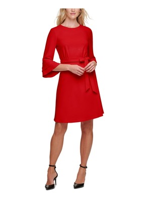 

Женское красное коктейльное платье трапециевидной формы DKNY с поясом и расклешенными рукавами, Красный
