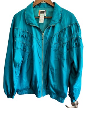 Vintage Retro EVR 90's Silk Teal Blue Bomber Jacket Size Large