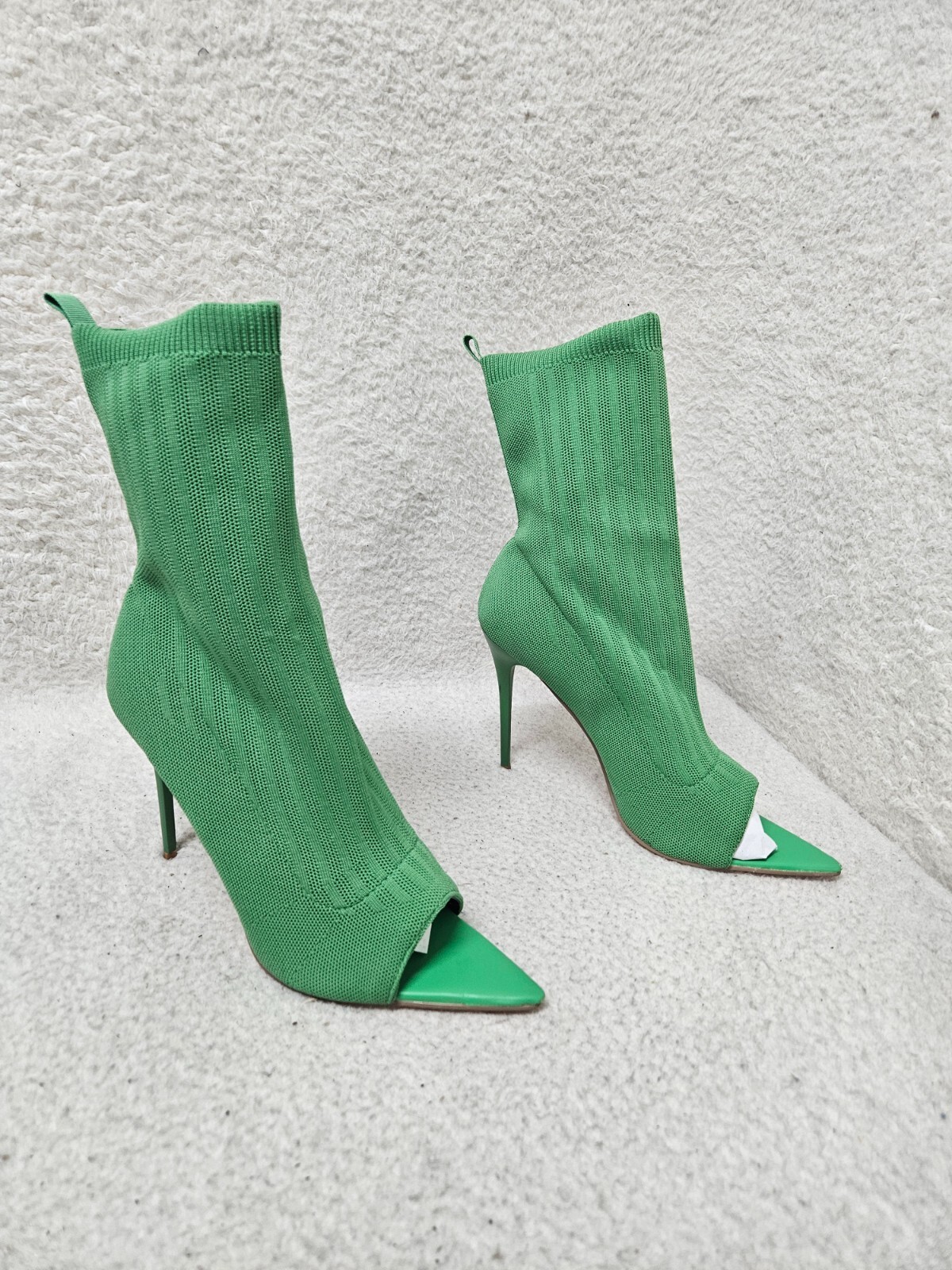 靴 OHGA Green check pumps EGO Women Heels 11 Green Fabric Knit Open Toe Sock Stiletto