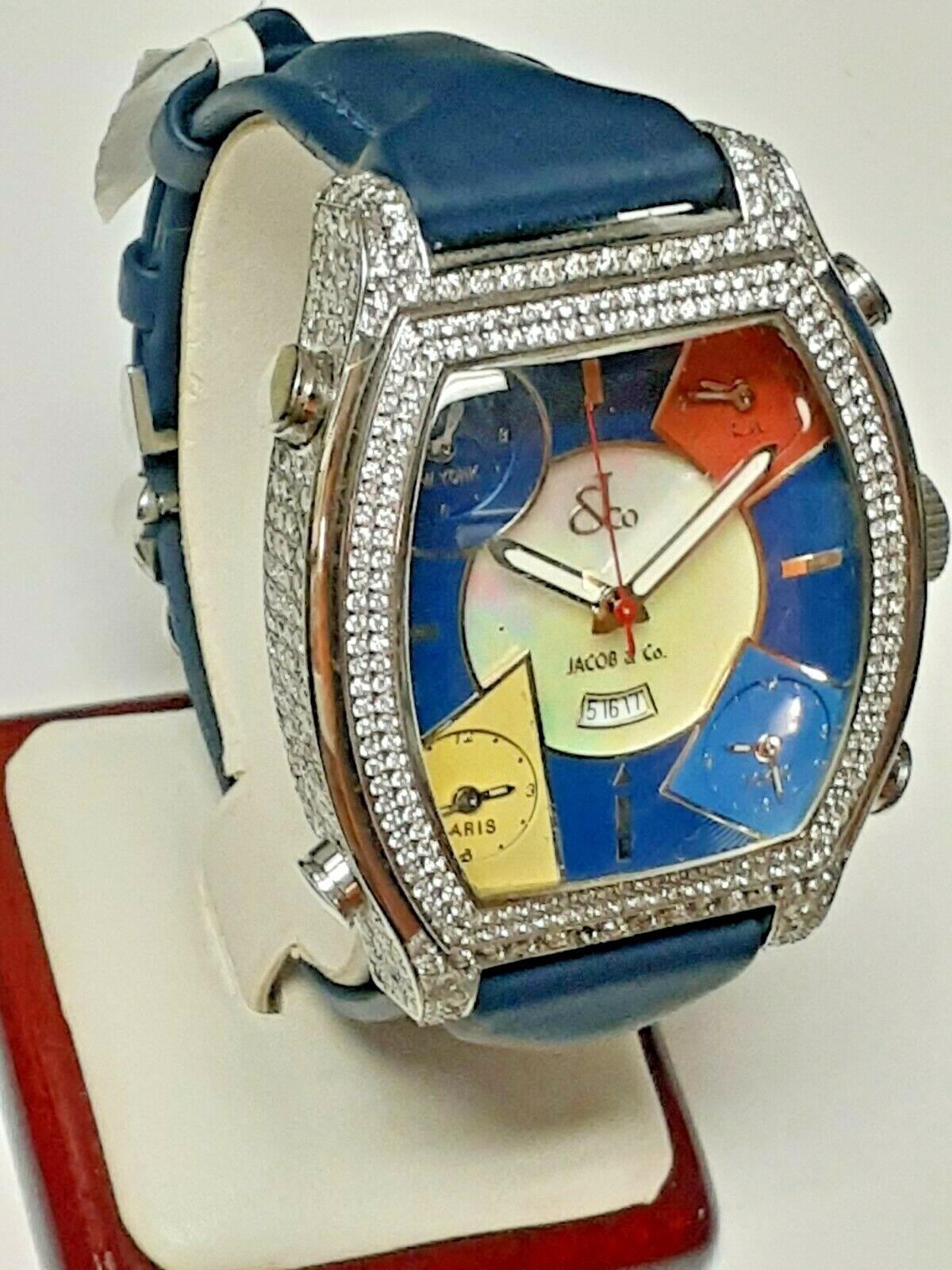Unisex Diamond Jacob & Co Blue Leather Band Five Time Zone Quasar