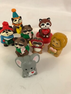 Vintage Russ Berrie & Co Inc. Assorted Animal 8 Figures- Racoons, Lion, Elephant