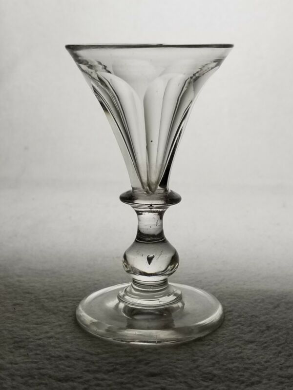 Early Free Blown and Panel Cut Wine Cordial Glass With Baluster Stem