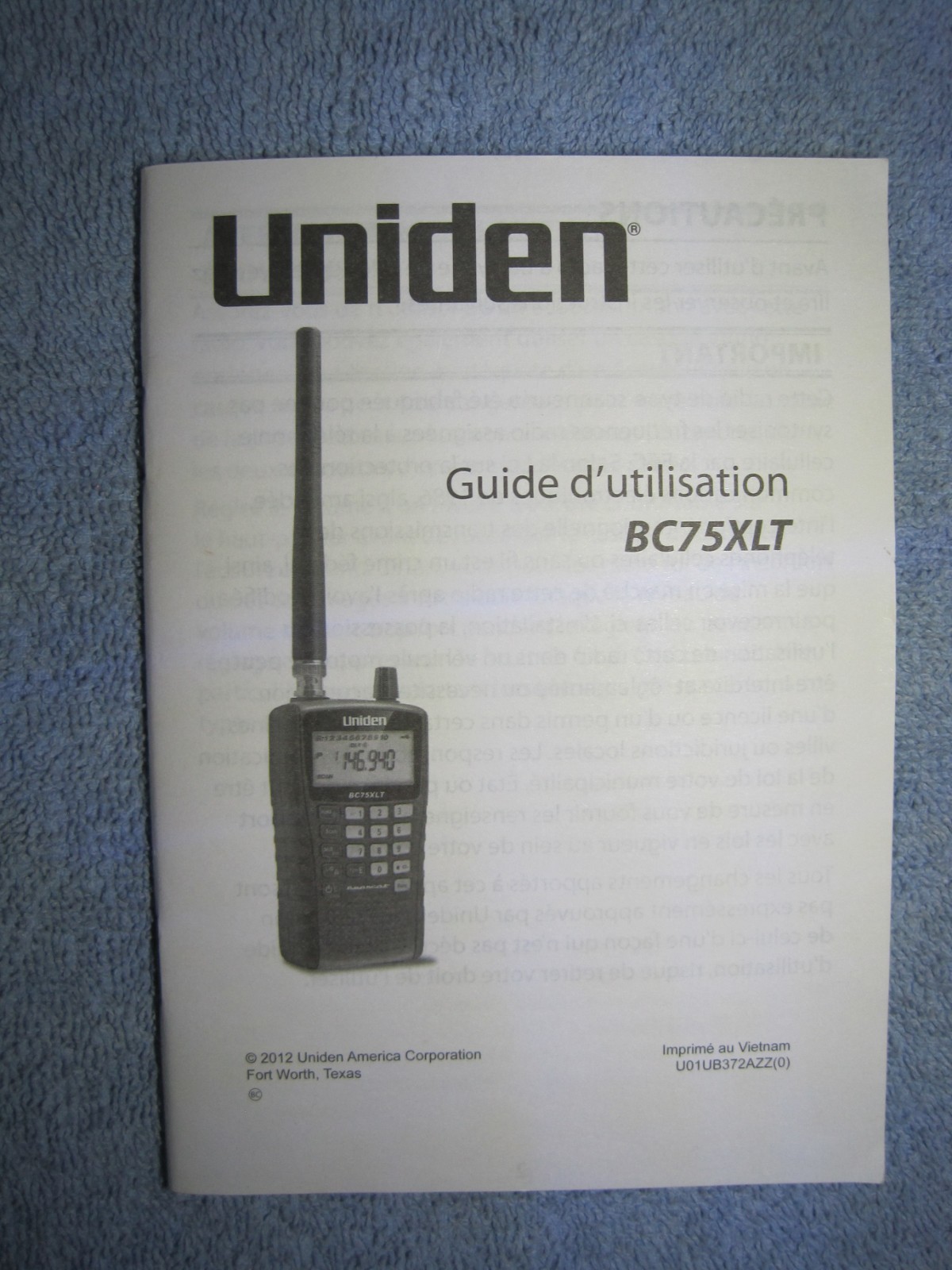 UNIDEN BC75XLT FRENCH OWNERS MANUAL / GUIDE D'UTILISATION  (QTY 4)
