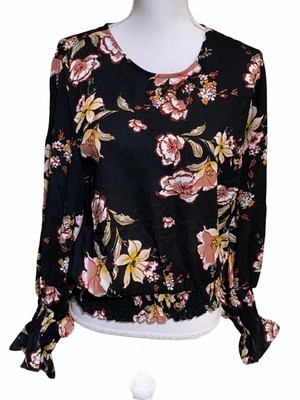 Stem & Vine Blouse Women Large  Black Floral Flocked Waist Band & Sleeves New