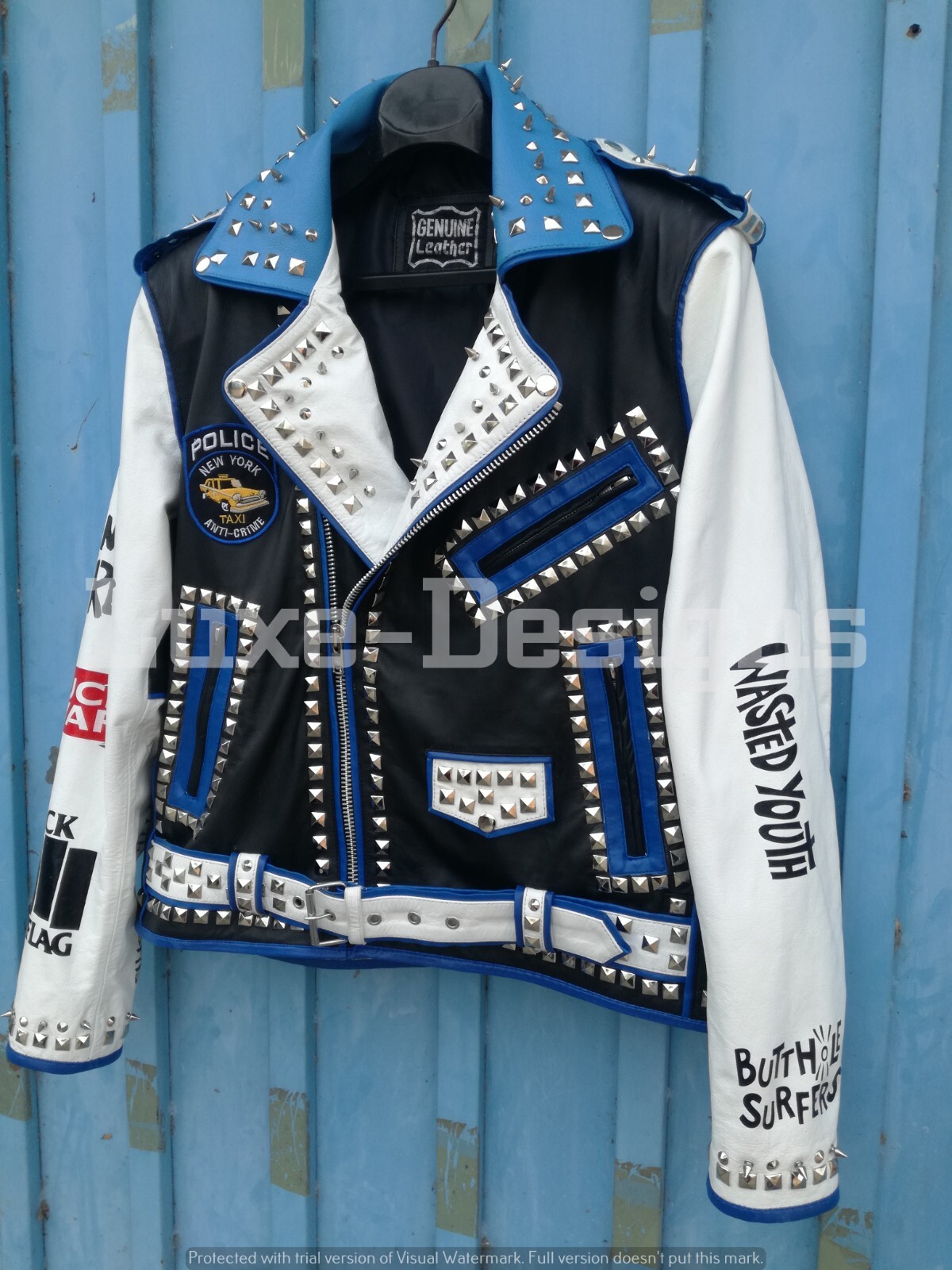 Pre-owned Handmade Men's Punk Wasted Youth Exploited Spiked Studded Logos Biker Leather Jacket In Black