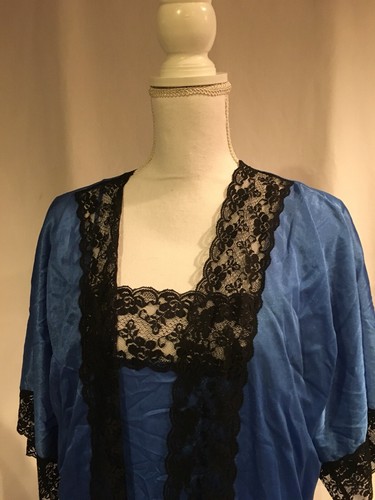 Vintage Sheer Blue Nylon Peignoir Set With Black Lace Detail Vintage Nightgown a