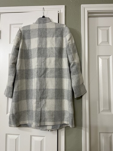 Pre-owned Eileen Fisher Xl  Darkpearl Wool Blend Multi Check Notch Collar Calf Len Coat In Gray