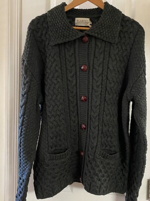Blarney Woolen Mills Ireland Aran Hand Knit Wool Cable Knit Sweater Cardigan