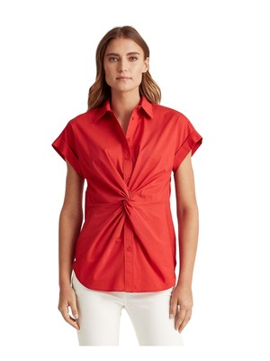 

LAUREN RALPH LAUREN Красный женский топ с закругленными краями спереди и пуговицами