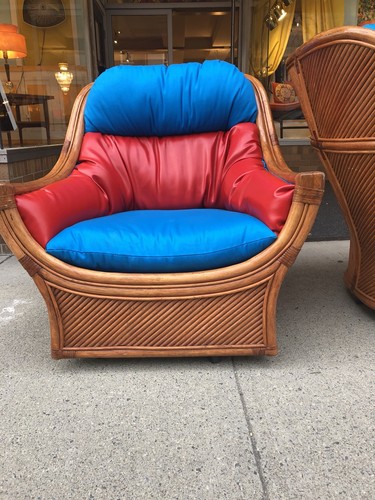 Mid-Century Pair Rattan Bamboo Swivel  Arm Chairs