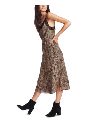 

1. Женское бежевое платье-футляр на тонких бретельках STATE длиной до колен, Бежевый