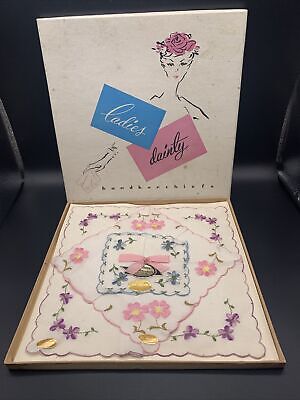 Vtg NEW Hankie Handkerchiefs Floral Styled Switzerland With Tags In Original Box
