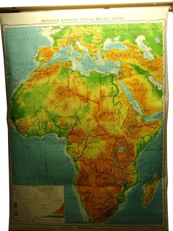 Good Looking 1958 DENOYER-GEPPART Visual Relief Roll Down Classroom Map AFRICA