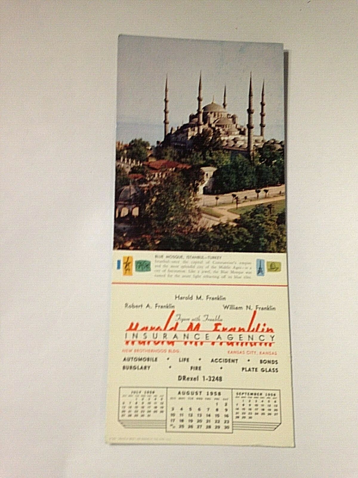 VTG 1958 Insurance Advertising Calendar Month-August Mosque Is...