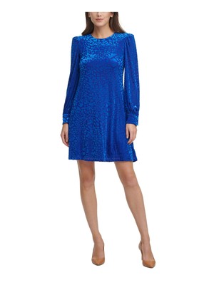 

CALVIN KLEIN Womens Blue Long Sleeve Jewel Neck Short Party Shift Dress, Синий