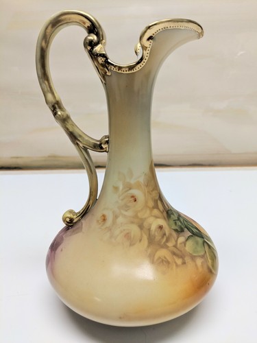 Tall Hand Painted Porcelain Ewer Pitcher Roses Gold Accents Unmarked 9 1/2
