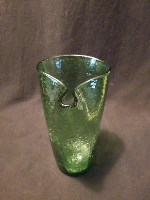 Vintage Green Crackle Glass Pinched Vase 7 Tall Hand Blown