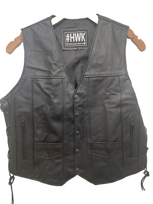 HWK Leather Motorcycle Vest XXL Black Concealed Carry Pocket Lace Up Sides