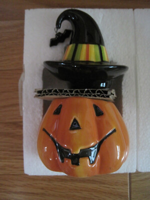 New Fitz & Floyd Halloween Boo Pumpkin Lidded Box Jack-O-Lantern with Hat & Bat