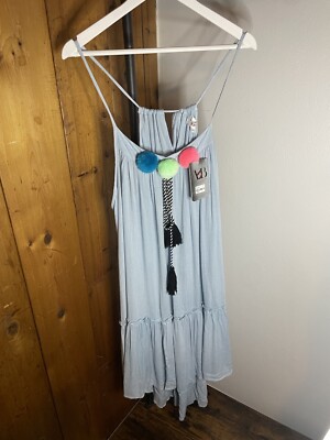 AMERICA & BEYOND Tiered Blue Midi Dress Pom Pom NWT Adjustable Size L