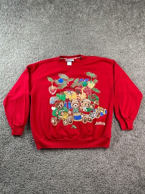 VINTAGE Land N Sea Christmas Sweatshirt Womens M Red Teddy Bears Presents *