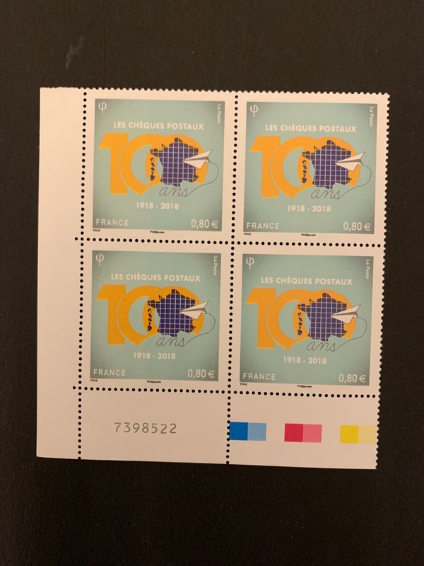 Timbres France 2018. Yt 5274 ChÃ¨Ques Postaux. Par 4 Coin De Feuille