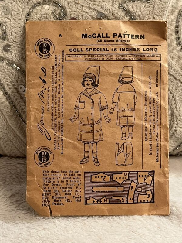 Antique 1920’s Era McCall Doll Pattern For 16” Doll Composition Or Bisque