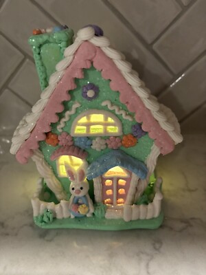Light Up Small Easter Pastel Gingerbread House Bunny Spring Decor New