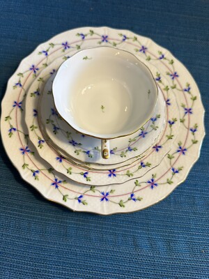 Herend China Blue Garland Pattern Dinner, Bread, Salad Plate With Tea Cup/saucer