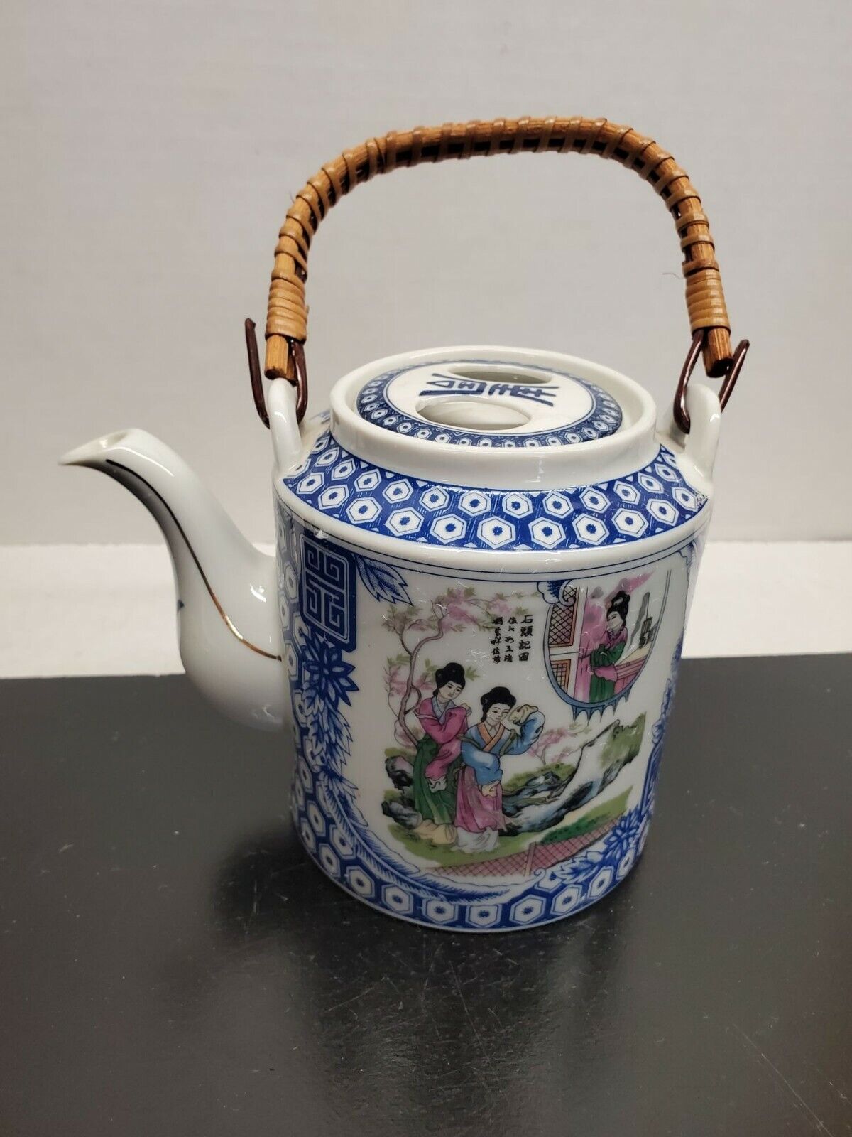 Blue and White Oriental Tea Pot with lid and wicker handle - s...