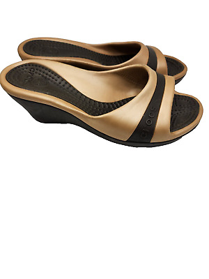 Crocs Womens Sassari Wedge Heel Slides Sandals Size 9 Brown with Tan