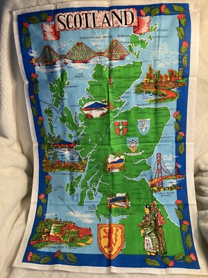 Vintage NWOT Cotton Tea Towel - SCOTLAND Map with Landmarks (U2)