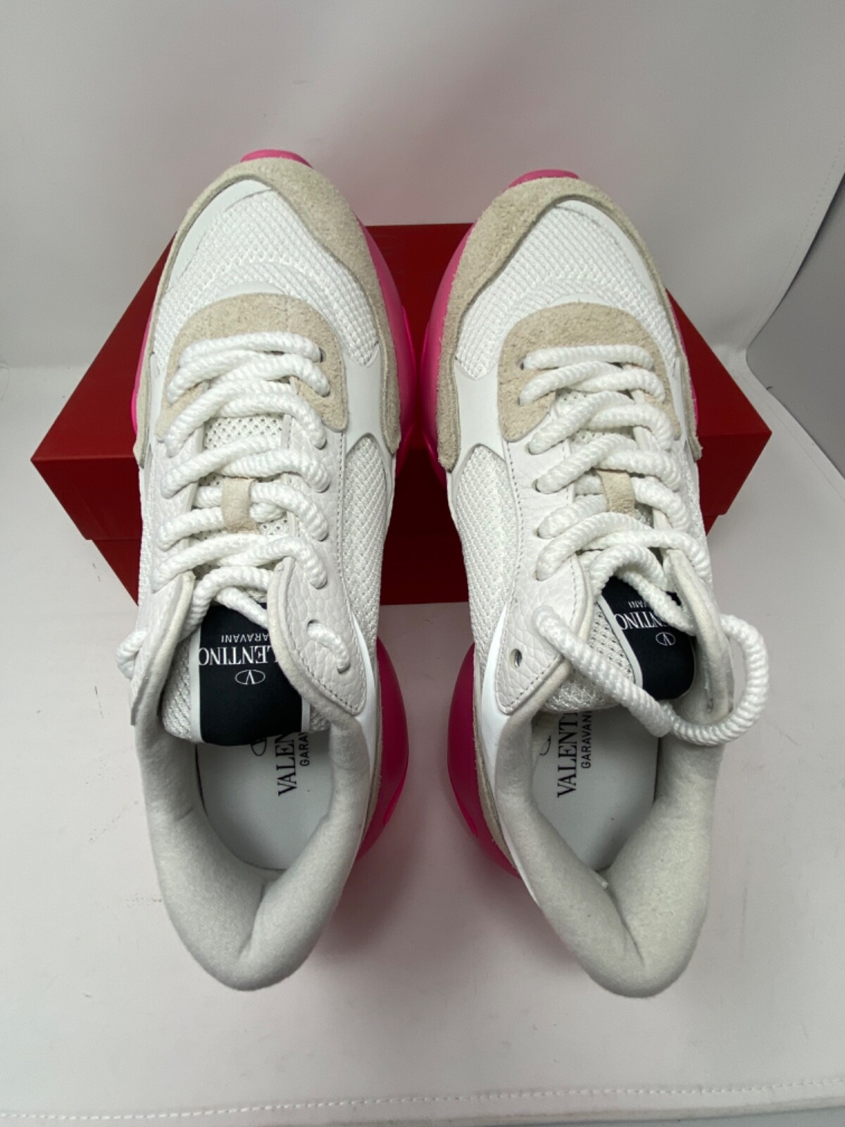 Pre-owned Valentino Garavani Bubbleback Mesh & Suede Chunky Sneakers White Fuchsia Us 9 42