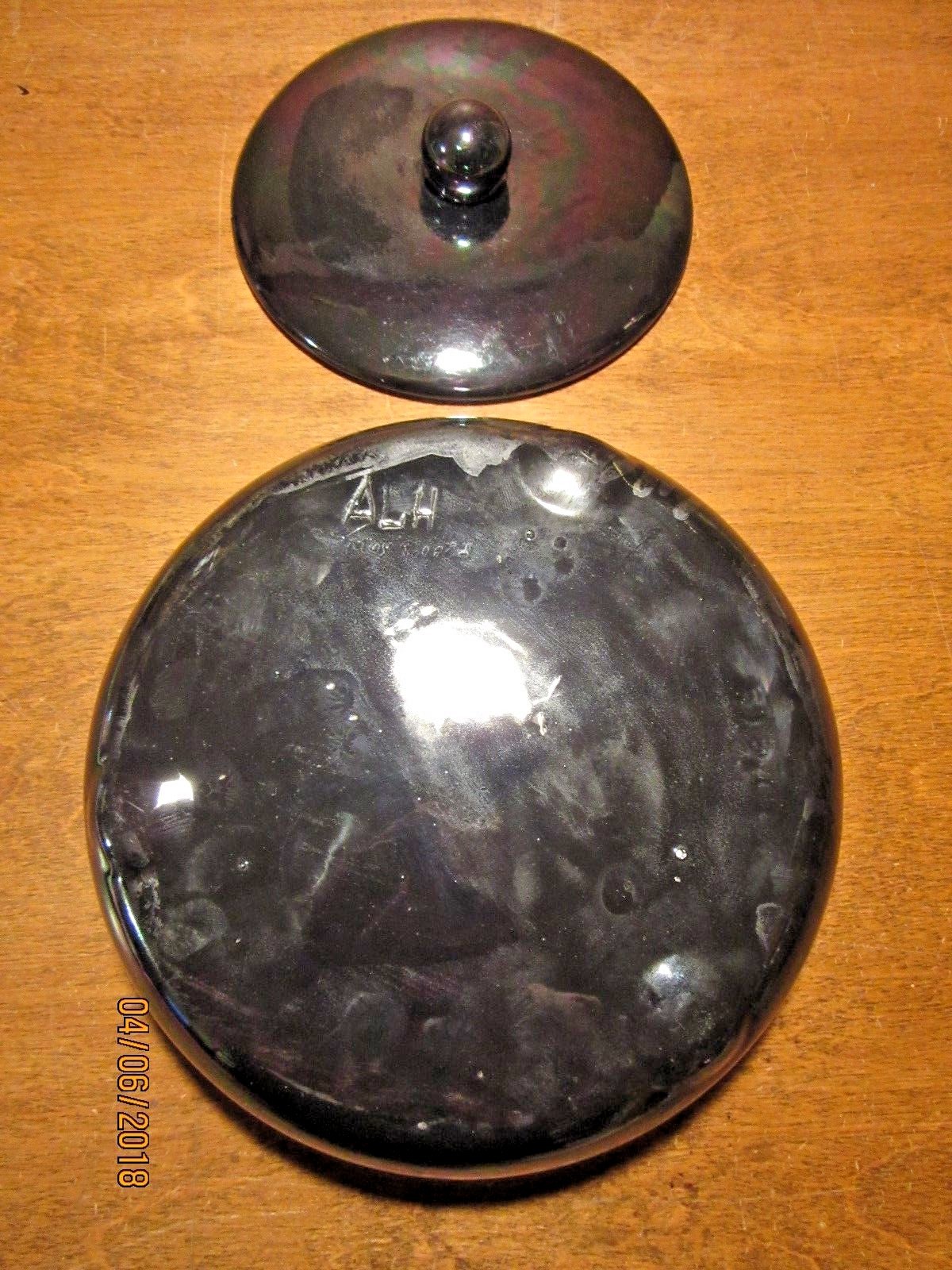 vintage candy Dish Pot Bowl w/ Lid Pottery Ceramic Blue Iridescent Glaze