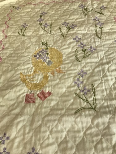 Vintage Hand Cross Stitched Baby Crib Comforter Quilt Yellow Animals Flowers