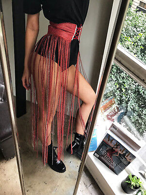 Rave wear Festival Long Red Crystal Skirt Coachella EDM EDC Adult Dance Costume