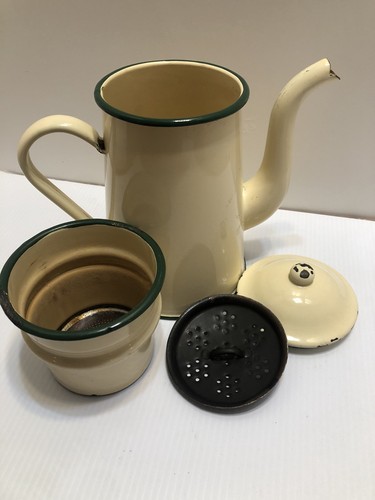 Antique FRENCH Enamelware COFFEE BIGGIN 1930's Cream & Green Percolator Tea