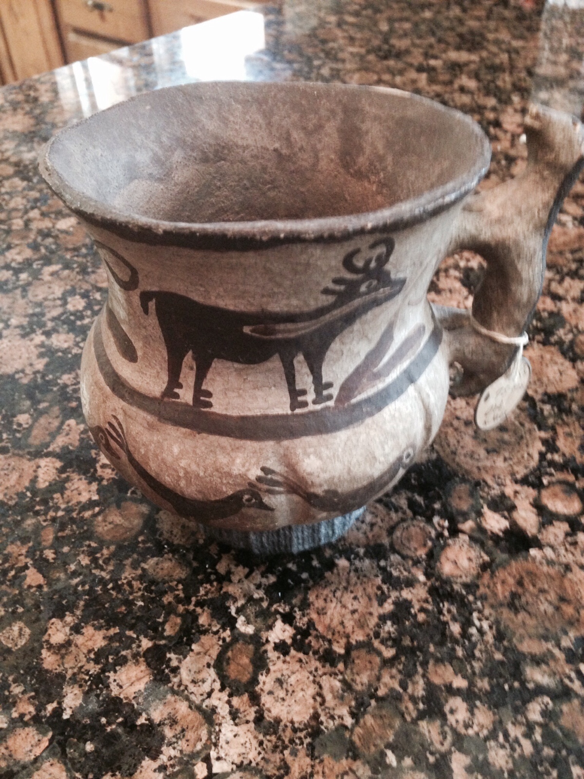 Zuni Zia Olla pitcher with Birds and Deer old 1875. Bobcat han. Size:  5 1/4 x 6