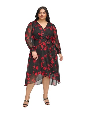 DKNY Womens Black Lined Cuffs Tie-belt Hem Balloon Sleeve Midi Dress Plus 22W