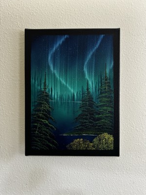 Blue Green Northern Lights Night Sky Forest Oil Painting 12x16 In