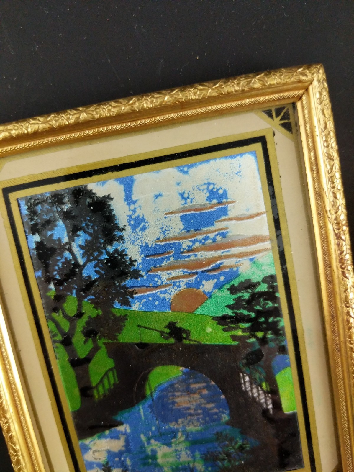 Vintage Foil Pictures in Frames Miniature Nature Scenes Bridge River 40's Gold