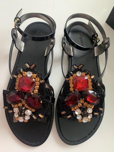 Pre-owned Dsquared2 6.5 7.5 Jeweled Black Patent Leather Ankle Strap Flat Sandals $890