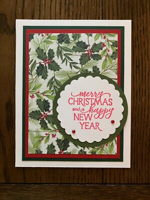 Handmade Christmas Card w/Env. Holly/Berries 'Merry Christmas Happy New Year'