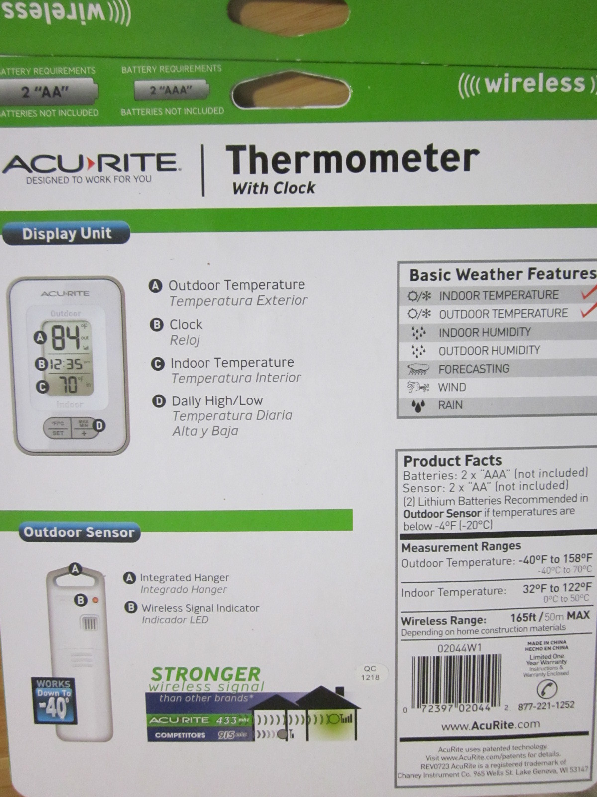 new LOT of 2 Acurite indoor / outdoor wireless thermometer with clock *F/*C