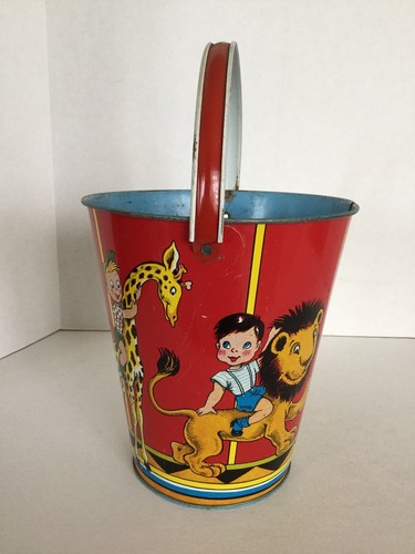 Vintage US Metal Toy Mfg Co Large Tin Litho Sand Pail With Circus Theme Animals