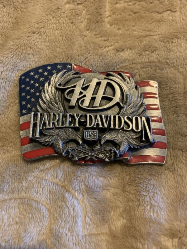 Vintage 1989 Official Harley Davidson Belt Buckle MADE IN USA American Flag
