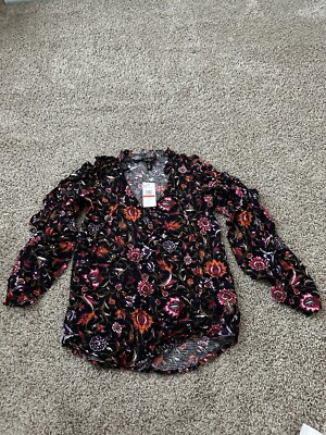 Jessica Simspon Womens Floral Slit Long Sleeve Boho Pull Over top size XS Hippie
